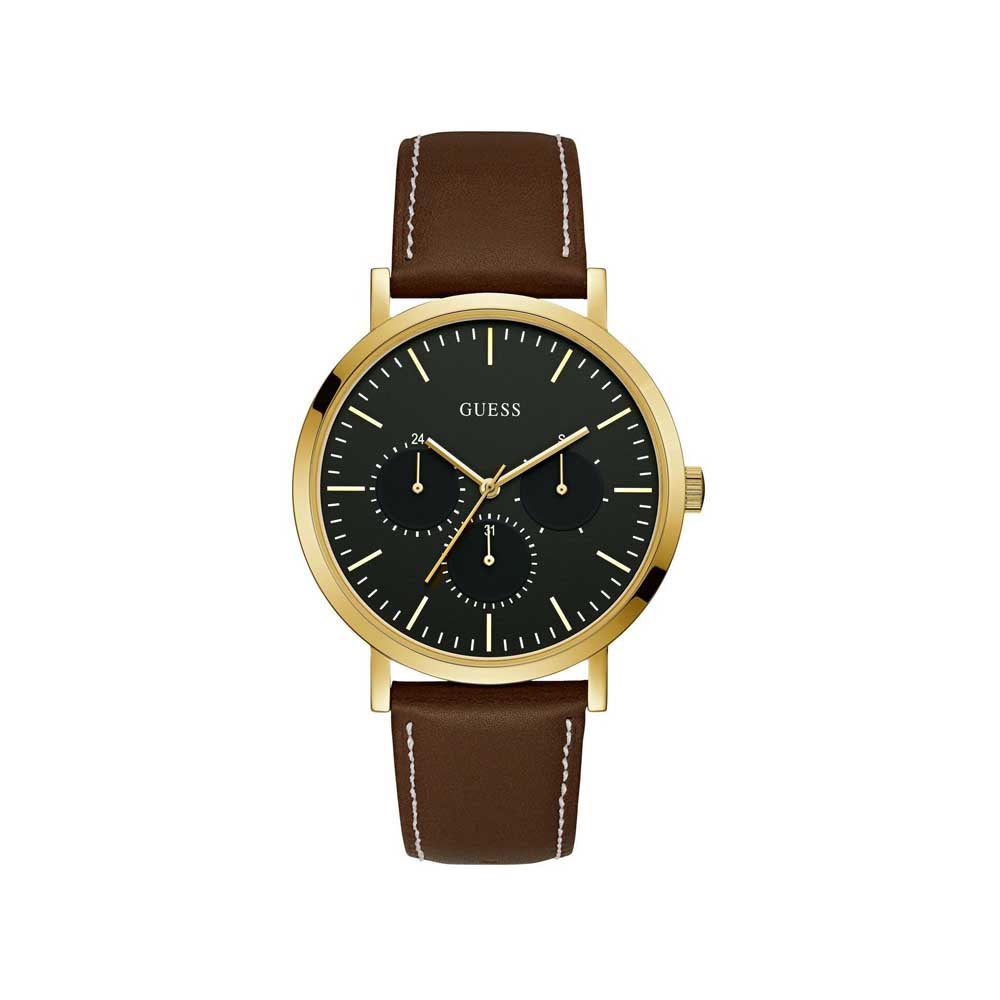 Guess Gents Gold Watch Black Dial Cedar Leather Strap W1044G1